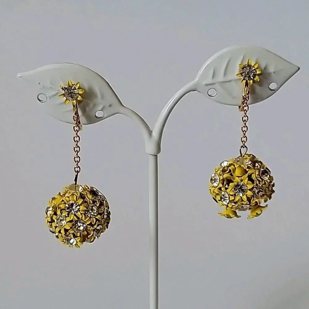 Vintage 60s Yellow Enameled Filigree Globe Drop Clip‎ On Earrings Billie Eilish
